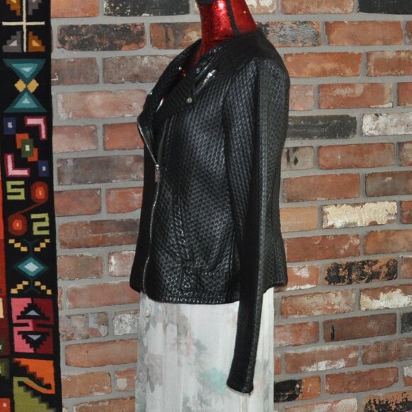 Karl Lagerfeld Paris Woven Texture Black Faux Leather Motorcycle Moto Jacket L - Picture 8 of 10